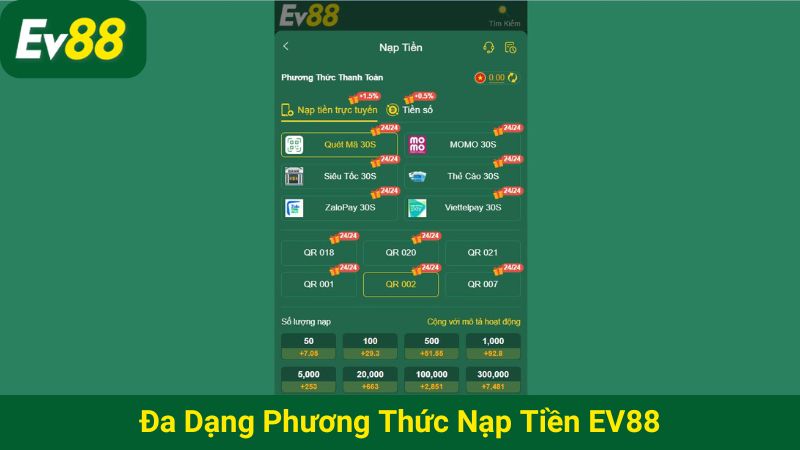 Đa dạng phương thức nạp tiền EV88 hỗ trợ người chơi