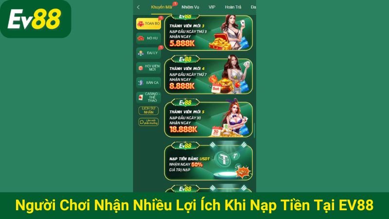 Người chơi nhận nhiều lợi ích khi nạp tiền tại EV88